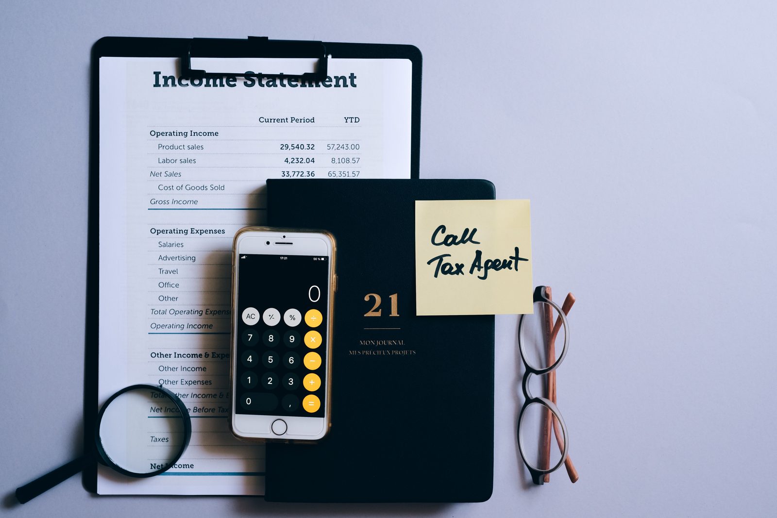 A calculator and pen resting on a printed income statement on a desk