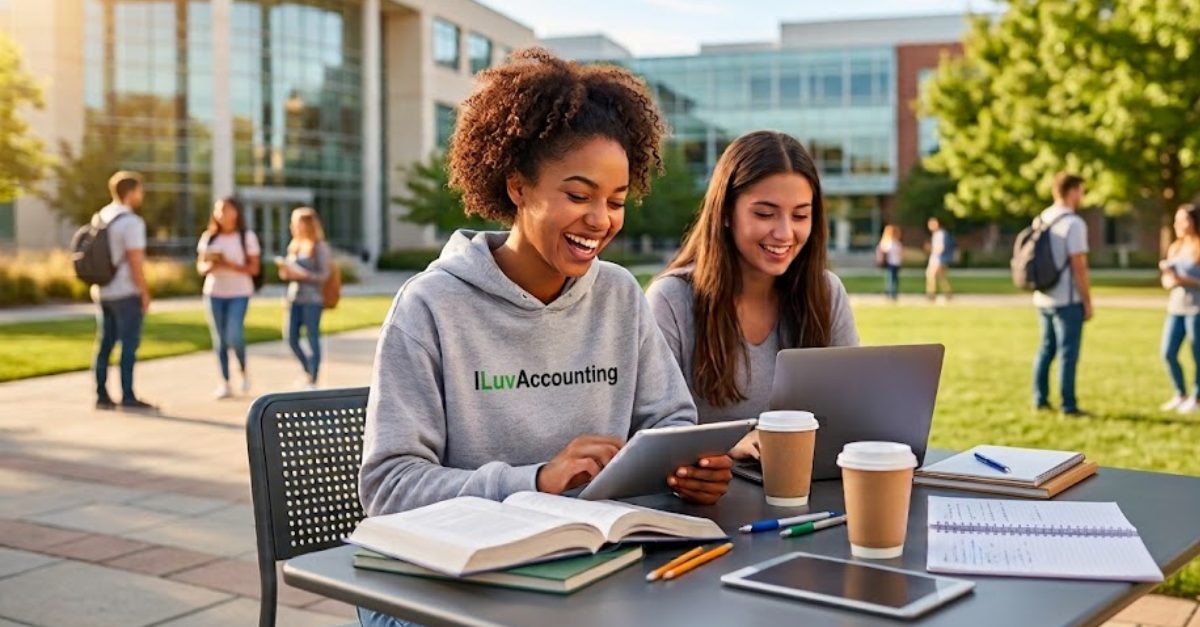 Business owner and student reviewing accounting templates together